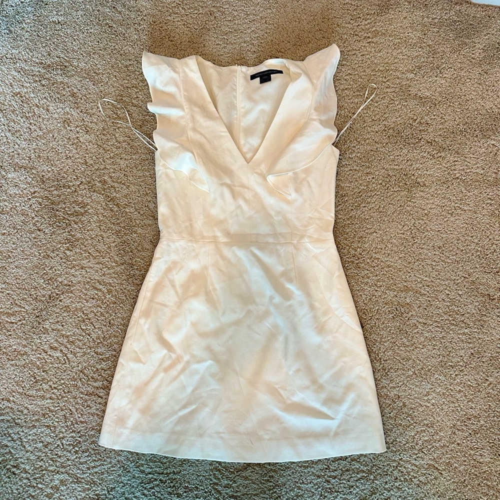 french connection v neck slim fit white mini dress ruffle accent on neck/sleeves